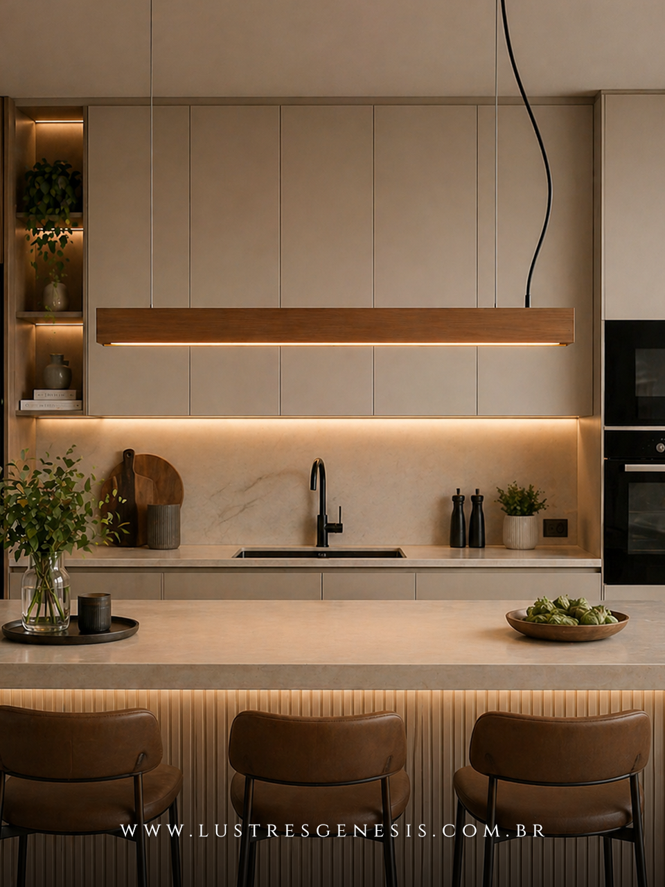 Pendente Linear Madeira Natural LED LMC425L 29W Bivolt 3000K 125cm, Mesa Sala de Jantar, Bancada de Cozinha, Mesa Area Gourmet